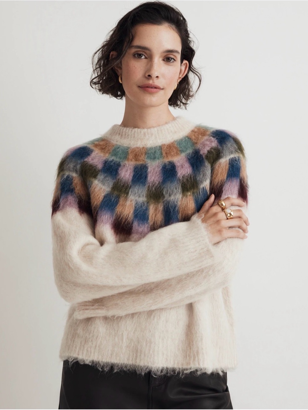 Madewell Brushed Checkerboard Fair Isle Oversized Sweater Small EUC